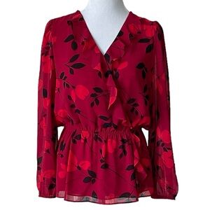 Calvin Klein red black floral faux wrap long sleeve surplice blouse Women’s M
